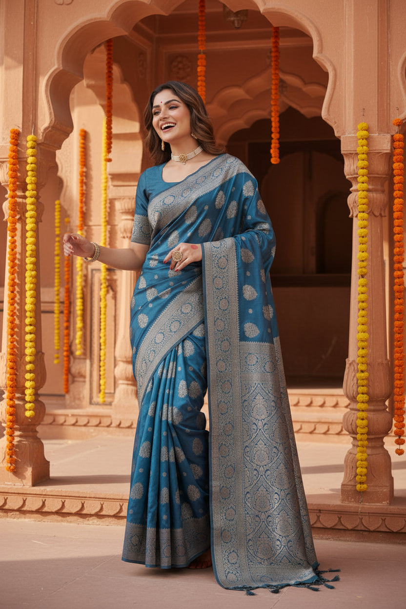 Pid 65243 women s silk blend printed saree with unstitched blouse 5 5 mtr teal blue 1 1000x1000_521e1561 01a7 468e 9ead a300452075a3