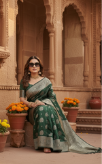 Load image into Gallery viewer, Women's Silk Blend Printed Saree With Unstitched Blouse 5.5Mtr (Dark Green)