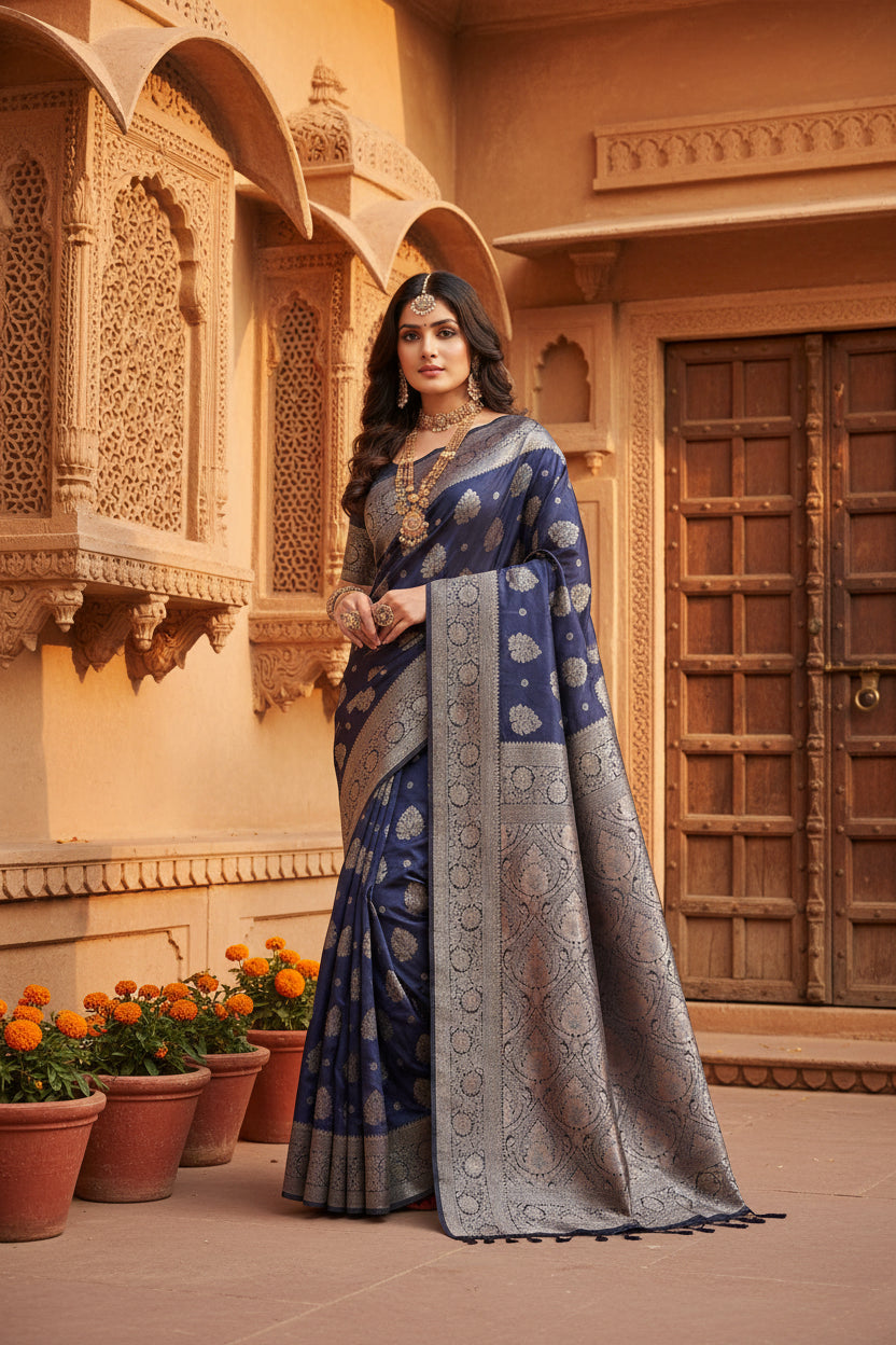Pid 65245 women s silk blend printed saree with unstitched blouse 5 5 mtr navy blue 1 1000x1000