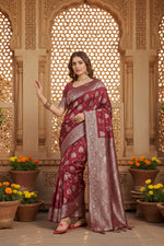 Load image into Gallery viewer, Women's Silk Blend Printed Saree With Unstitched Blouse 5.5Mtr (Maroon)