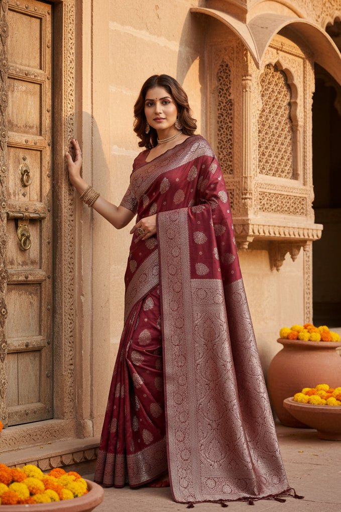 Women's silk blend printed saree with unstitched blouse 5
