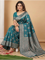 Load image into Gallery viewer, Women's Silk Blend Printed Saree With Unstitched Blouse 5.5Mtr (Sea Green)