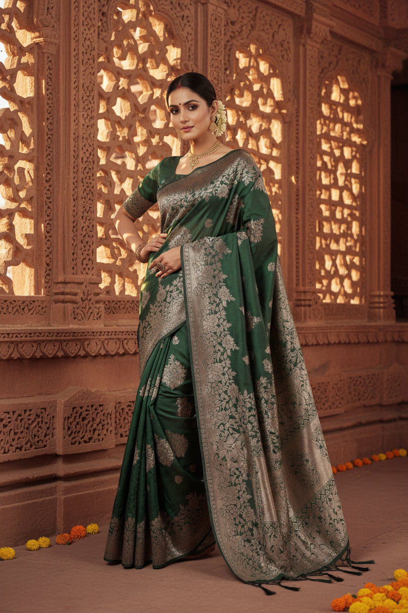 Women's silk blend printed saree with unstitched blouse 5
