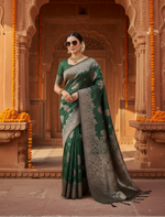 Load image into Gallery viewer, Women's Silk Blend Printed Saree With Unstitched Blouse 5.5Mtr (Dark Green)