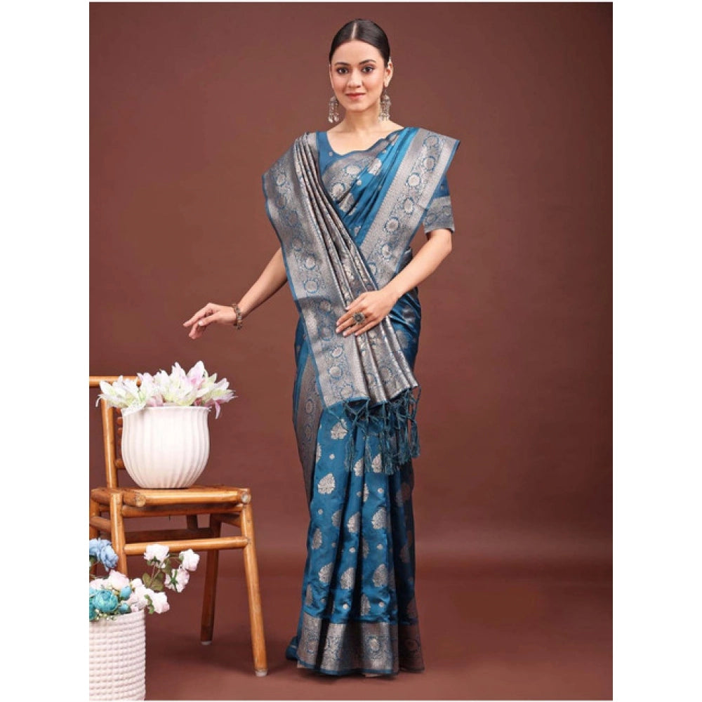 Women's banarasi silk printed saree with unstitched blouse 5
