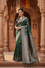 Load image into Gallery viewer, Women's Banarasi Silk Printed Saree With Unstitched Blouse 5.5Mtr (Dark Green)