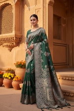 Load image into Gallery viewer, Women's Banarasi Silk Printed Saree With Unstitched Blouse 5.5Mtr (Dark Green)