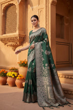 Load image into Gallery viewer, Women's Banarasi Silk Printed Saree With Unstitched Blouse 5.5Mtr (Dark Green)