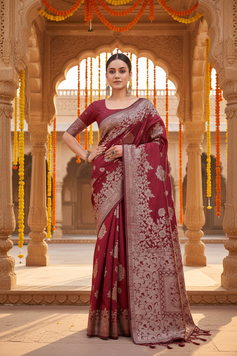 Women's banarasi silk printed saree with unstitched blouse 5
