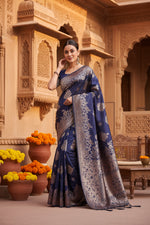 Load image into Gallery viewer, Women's Banarasi Silk Printed Saree With Unstitched Blouse 5.5Mtr (Navy Blue)