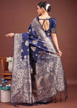 Load image into Gallery viewer, Women's Banarasi Silk Printed Saree With Unstitched Blouse 5.5Mtr (Navy Blue)