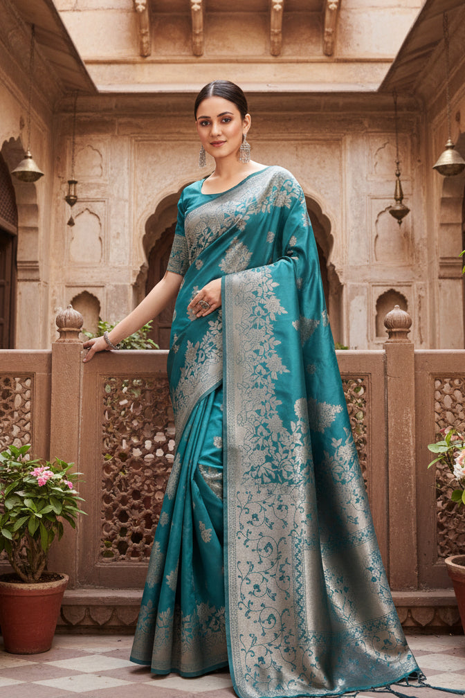 Women's banarasi silk printed saree with unstitched blouse 5