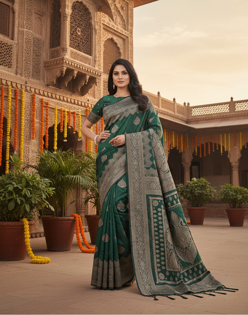 Pid 65269 women s silk blend printed saree with unstitched blouse 5 5 mtr green 1 1000x1000_2d5aed6f 15c8 4c8c 8053 49d4c05d60d4