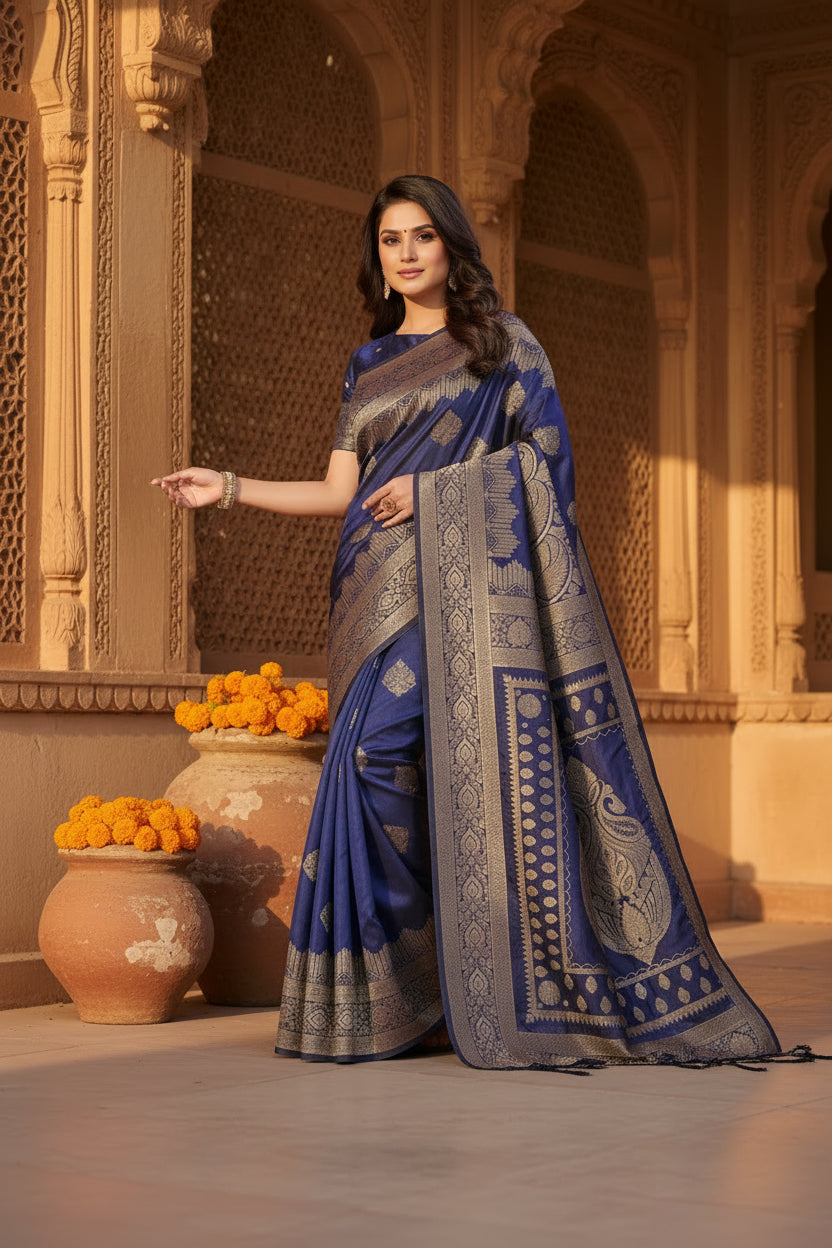 Pid 65271 women s silk blend printed saree with unstitched blouse 5 5 mtr navy blue 1 1000x1000_bd1e5936 c3ca 430f a51d 1c6e12daf768
