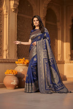 Load image into Gallery viewer, Women's Silk Blend Printed Saree With Unstitched Blouse 5.5Mtr (Navy Blue)
