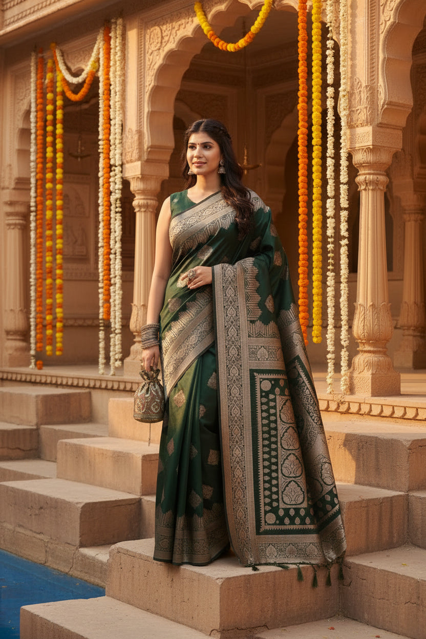Pid 65274 women s banarasi silk printed saree with unstitched blouse 5 5 mtr green 4 1000x1000
