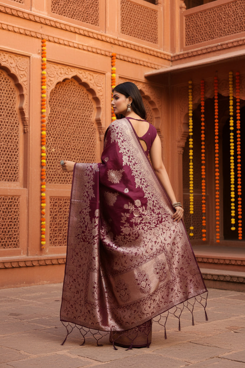 Women's banarasi silk printed saree with unstitched blouse 5