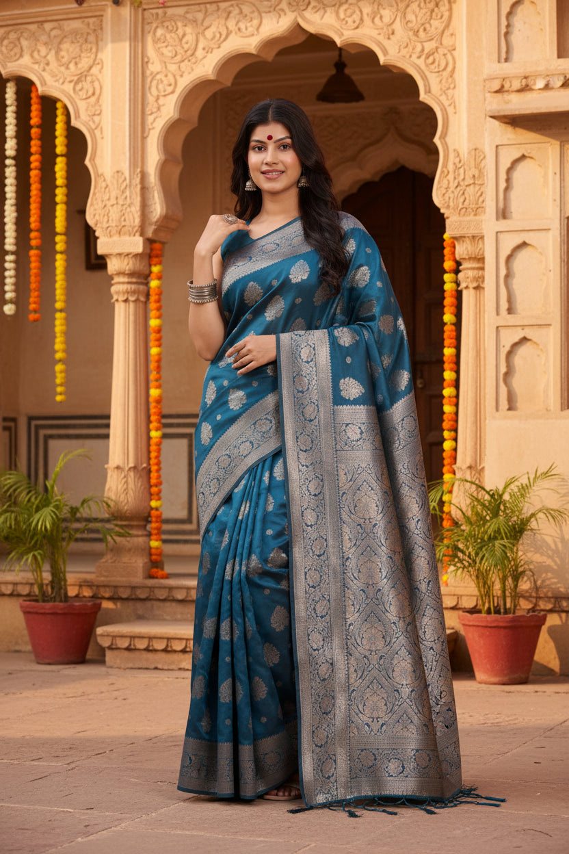 Women's banarasi silk printed saree with unstitched blouse 5
