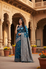 Load image into Gallery viewer, Women's Banarasi Silk Printed Saree With Unstitched Blouse 5.5Mtr (Teal Blue)
