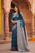 Load image into Gallery viewer, Women's Banarasi Silk Printed Saree With Unstitched Blouse 5.5Mtr (Teal Blue)