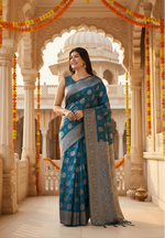 Load image into Gallery viewer, Women's Banarasi Silk Printed Saree With Unstitched Blouse 5.5Mtr (Teal Blue)