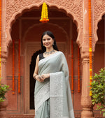 Load image into Gallery viewer, Women's Linen Printed Saree With Unstitched Blouse 5.5Mtr (Sea Green)