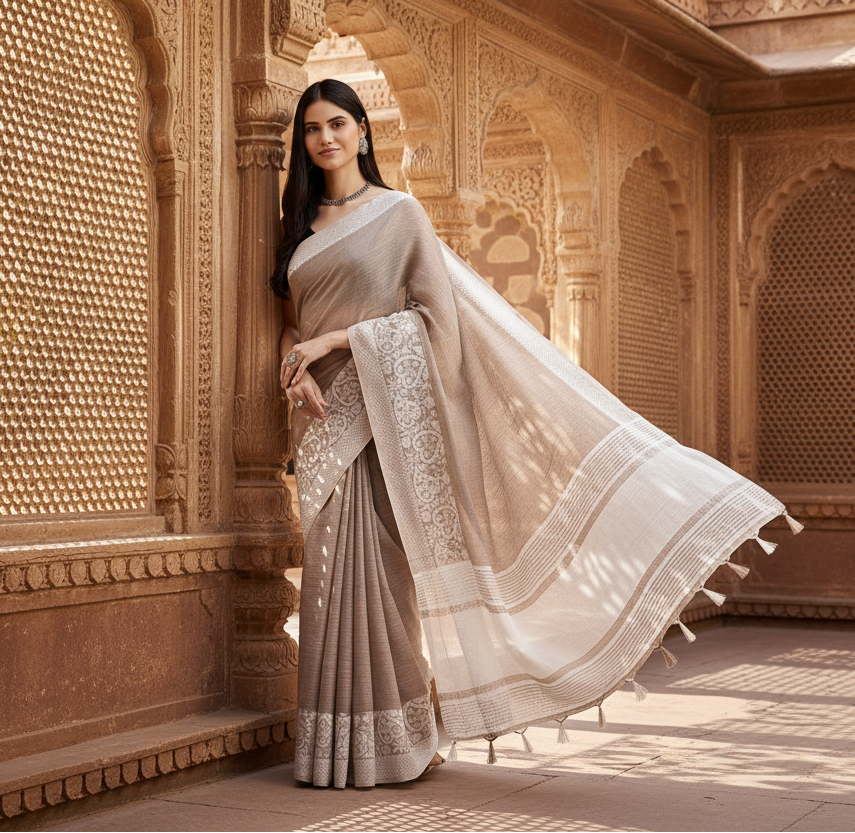 Women's linen printed saree with unstitched blouse 5