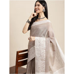 Load image into Gallery viewer, Women's Linen Printed Saree With Unstitched Blouse 5.5Mtr (Beige)