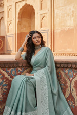 Load image into Gallery viewer, Women's Linen Printed Saree With Unstitched Blouse 5.5Mtr (Sea Green)