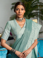 Load image into Gallery viewer, Women's Linen Printed Saree With Unstitched Blouse 5.5Mtr (Sea Green)