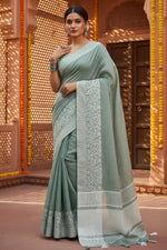 Load image into Gallery viewer, Women's Linen Printed Saree With Unstitched Blouse 5.5Mtr (Sea Green)