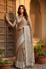 Load image into Gallery viewer, Women's Linen Printed Saree With Unstitched Blouse 5.5Mtr (Beige)