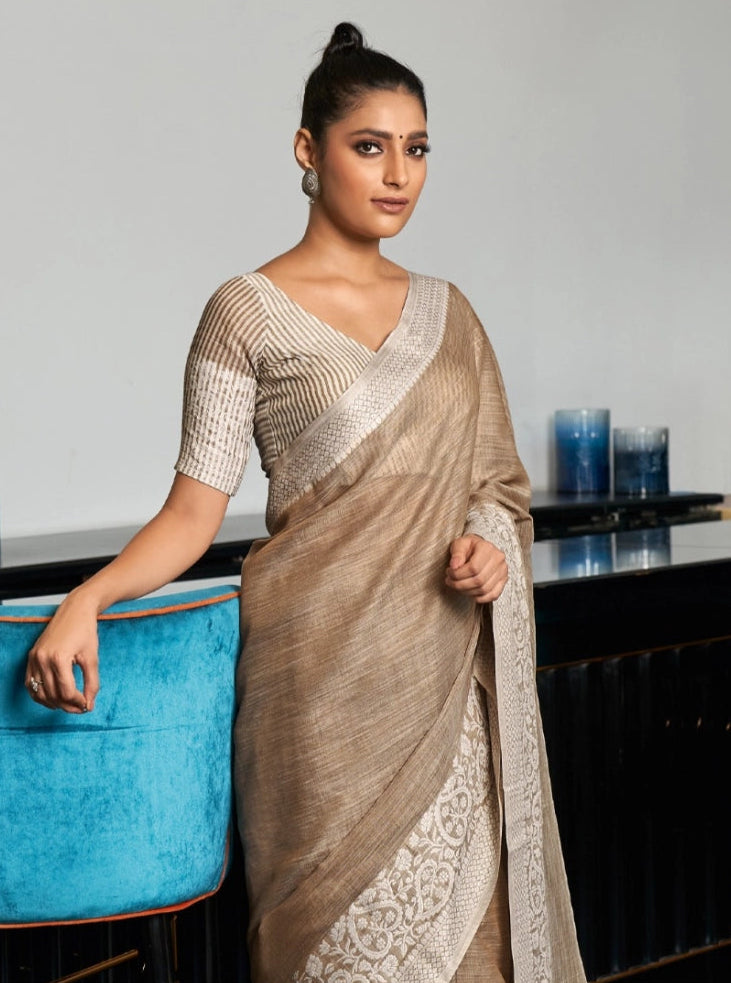 Women's linen printed saree with unstitched blouse 5