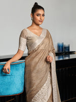 Load image into Gallery viewer, Women's Linen Printed Saree With Unstitched Blouse 5.5Mtr (Beige)