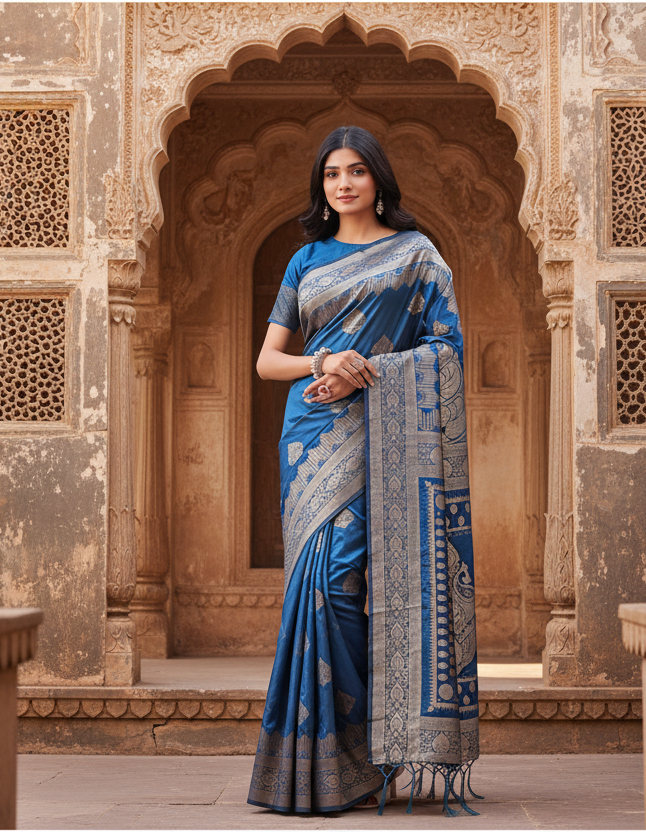 Women's silk printed saree with unstitched blouse 5