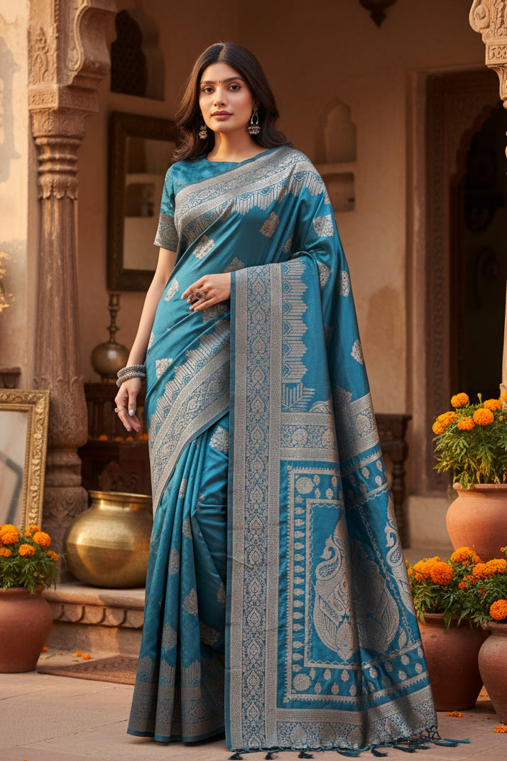 Pid 65288 women s silk printed saree with unstitched blouse 5 5 mtr teal 1 1000x1000