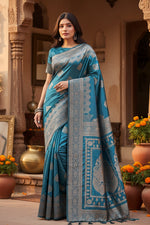 Load image into Gallery viewer, Women's Silk Printed Saree With Unstitched Blouse 5.5Mtr (Teal)