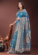 Load image into Gallery viewer, Women's Silk Printed Saree With Unstitched Blouse 5.5Mtr (Teal)
