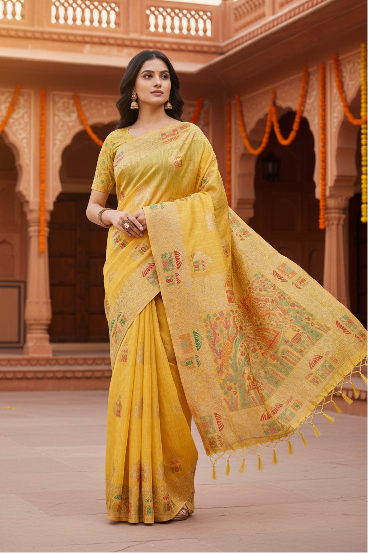 Pid 65291 women s linen cotton printed saree with unstitched blouse 5 5 mtr yellow 1 1000x1000