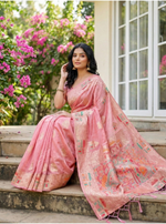 Load image into Gallery viewer, Women's Linen Cotton Printed Saree With Unstitched Blouse 5.5Mtr (Pink)