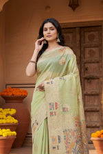 Load image into Gallery viewer, Women's Linen Cotton Printed Saree With Unstitched Blouse 5.5Mtr (Light Green)
