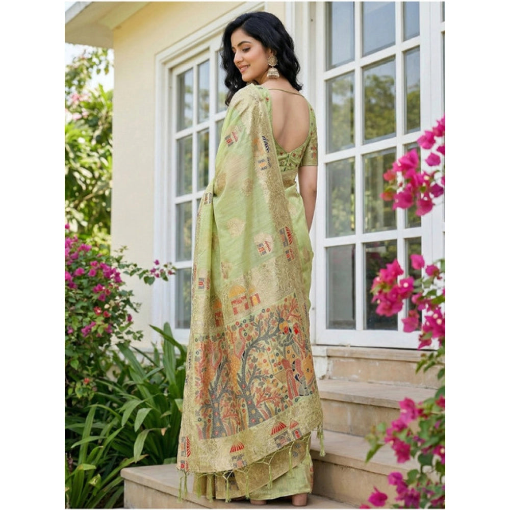 Women's linen cotton printed saree with unstitched blouse 5