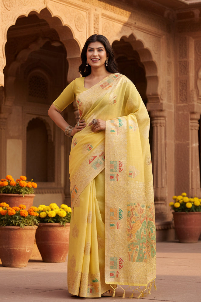 Pid 65295 women s linen cotton printed saree with unstitched blouse 5 5 mtr yellow 1 1000x1000