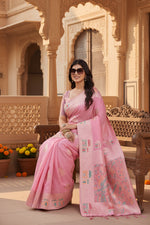 Load image into Gallery viewer, Women's Linen Cotton Printed Saree With Unstitched Blouse 5.5Mtr (Pink)