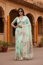 Load image into Gallery viewer, Women's Linen Cotton Printed Saree With Unstitched Blouse 5.5Mtr (Sea Green)