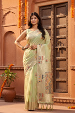 Load image into Gallery viewer, Women's Linen Cotton Printed Saree With Unstitched Blouse 5.5Mtr (Light Green)