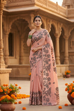 Load image into Gallery viewer, Women's Linen Cotton Printed Saree With Unstitched Blouse 5.5Mtr (Peach)