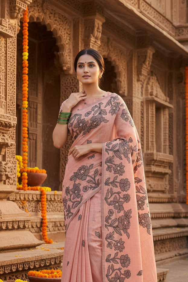 Pid 65300 women s linen cotton printed saree with unstitched blouse 5 5 mtr peach 1 1000x1000_b5531082 c157 4f98 8e99 2e946ec07ab3