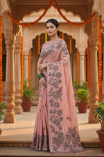 Load image into Gallery viewer, Women's Linen Cotton Printed Saree With Unstitched Blouse 5.5Mtr (Peach)