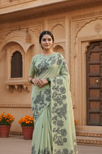 Load image into Gallery viewer, Women's Linen Cotton Printed Saree With Unstitched Blouse 5.5Mtr (Light Green)